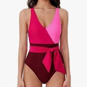 BCA Rebecca Virtue Store NWT XL V Neck Wraparound Waist Tie Colorblock Swimsuit